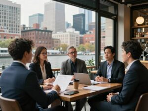 A diverse group of business owners in Boston discussing strategies against an urban backdrop.