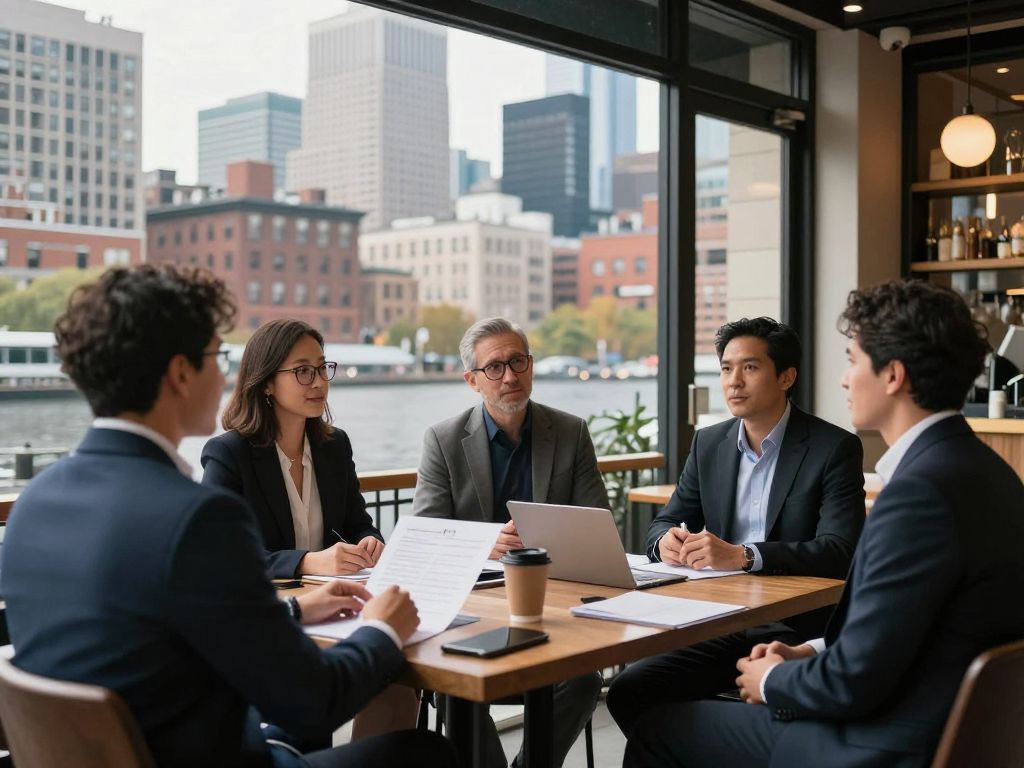 A diverse group of business owners in Boston discussing strategies against an urban backdrop.