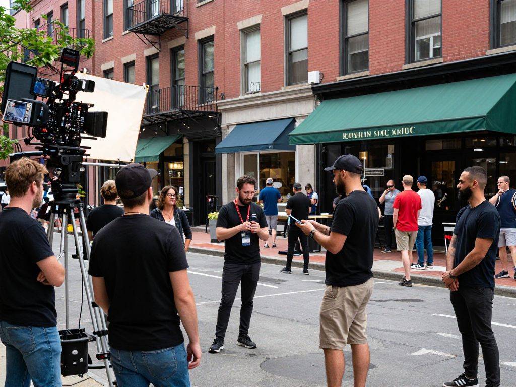 Boston street scene showcasing film production with local businesses.