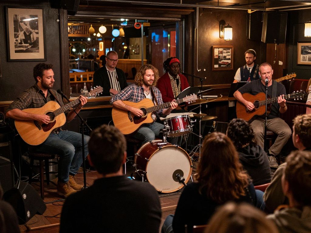 A vibrant Boston folk music performance with musicians and audience enjoying the music.