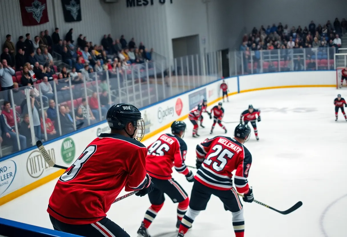 Boys playing hockey during a high school game in Eastern Massachusetts
