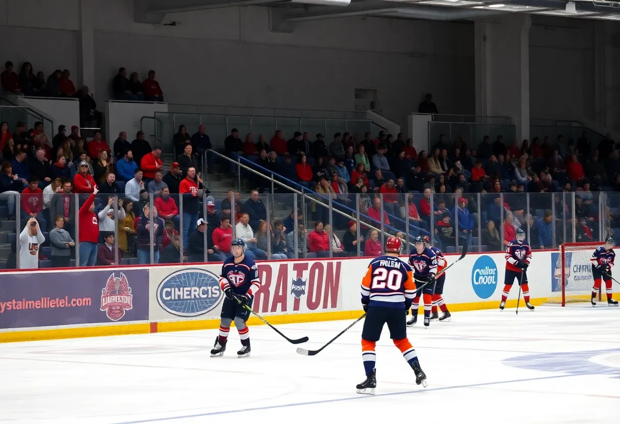 High school hockey game in Boston, showcasing players on the ice and cheering fans.
