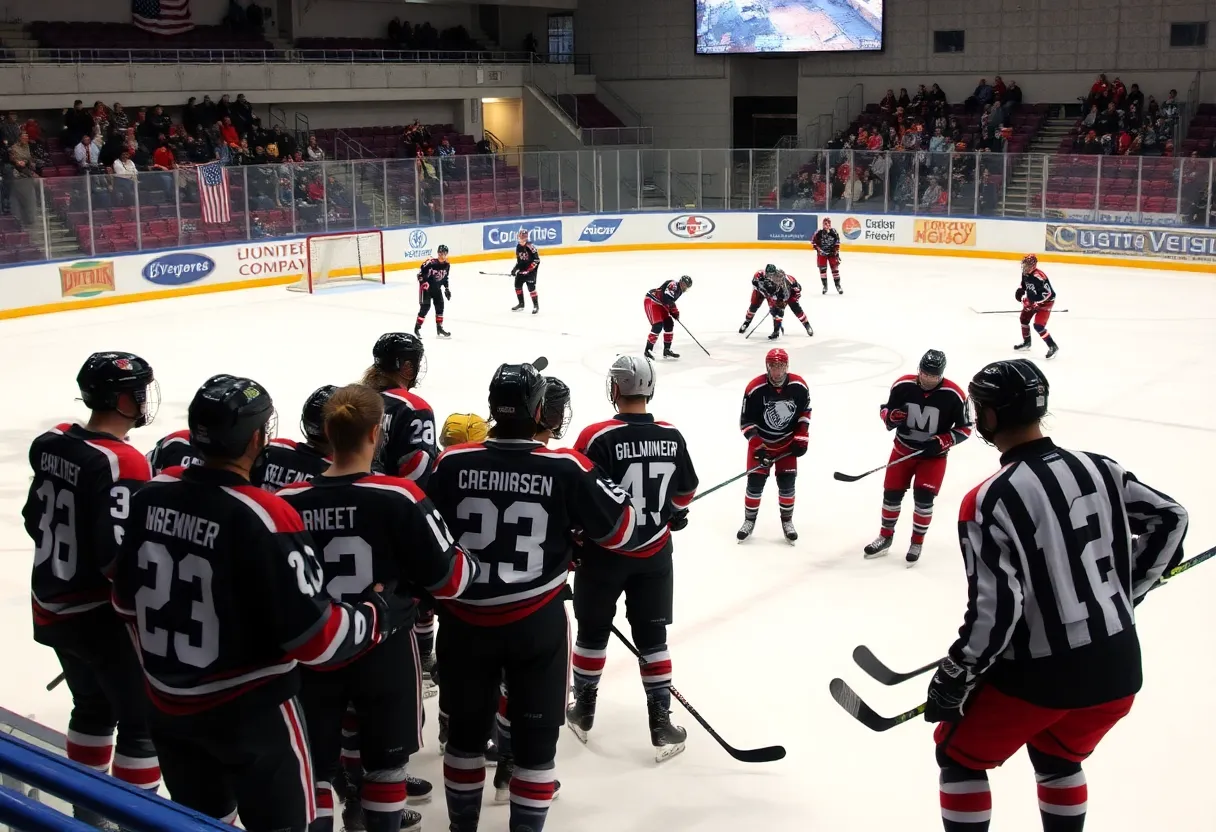 Boston high school hockey players competing on ice