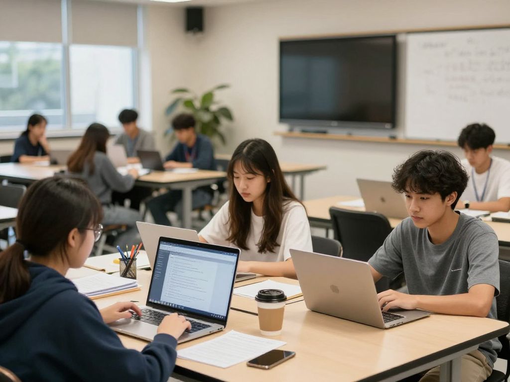 Students engaged in online learning at Boston college