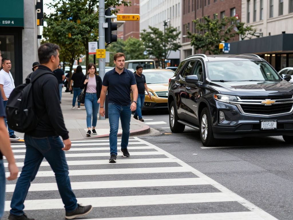 Scene of a busy crosswalk in Boston where a hit-and-run incident occurred.