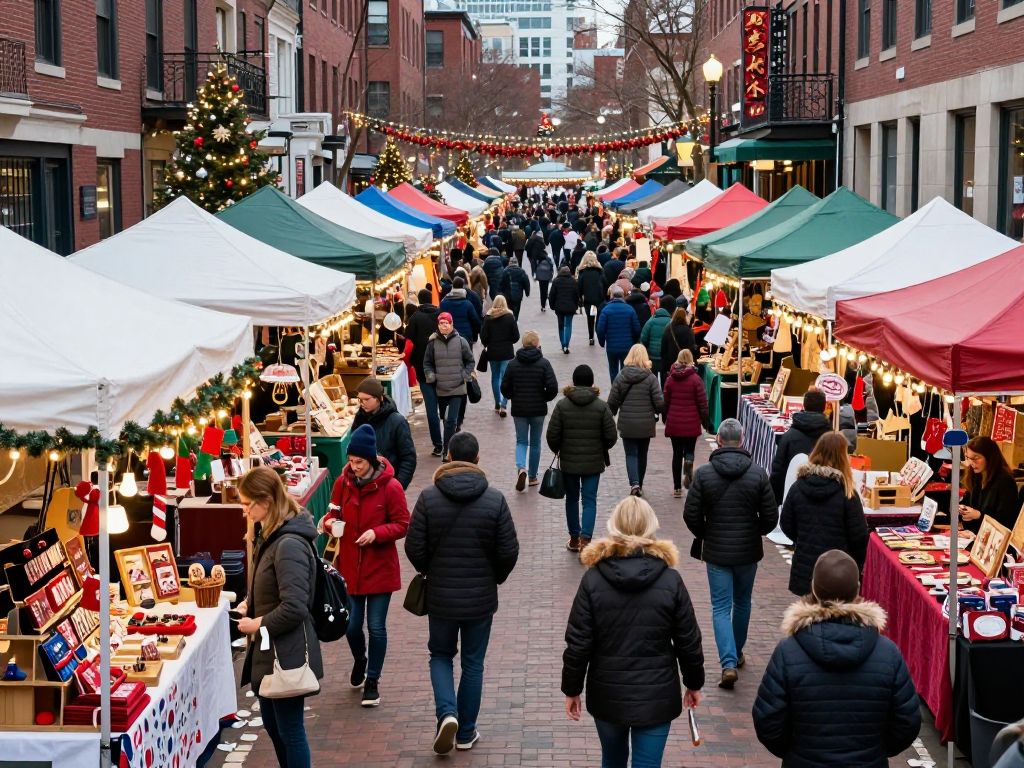A vibrant Boston holiday market with various handmade goods and festive decor.