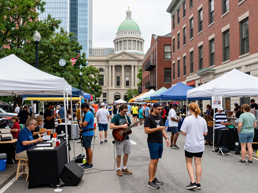 Crowd enjoying local events in Boston with historical buildings in the background