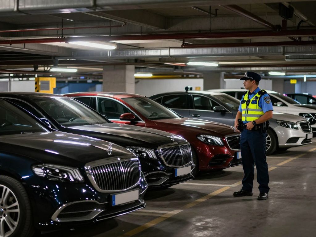Luxury vehicles in a Boston parking garage