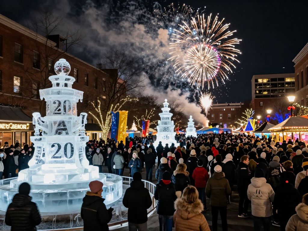 Crowd enjoying Boston's New Year's celebration with fireworks and ice sculptures