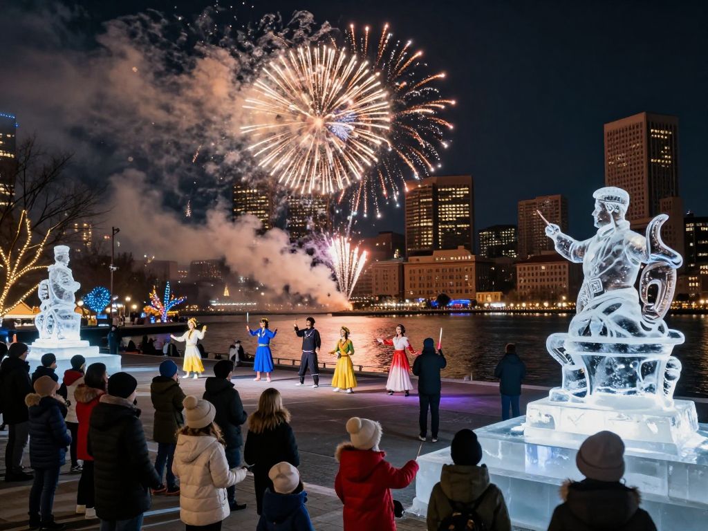 Families celebrating New Year's Eve in Boston with fireworks and art.