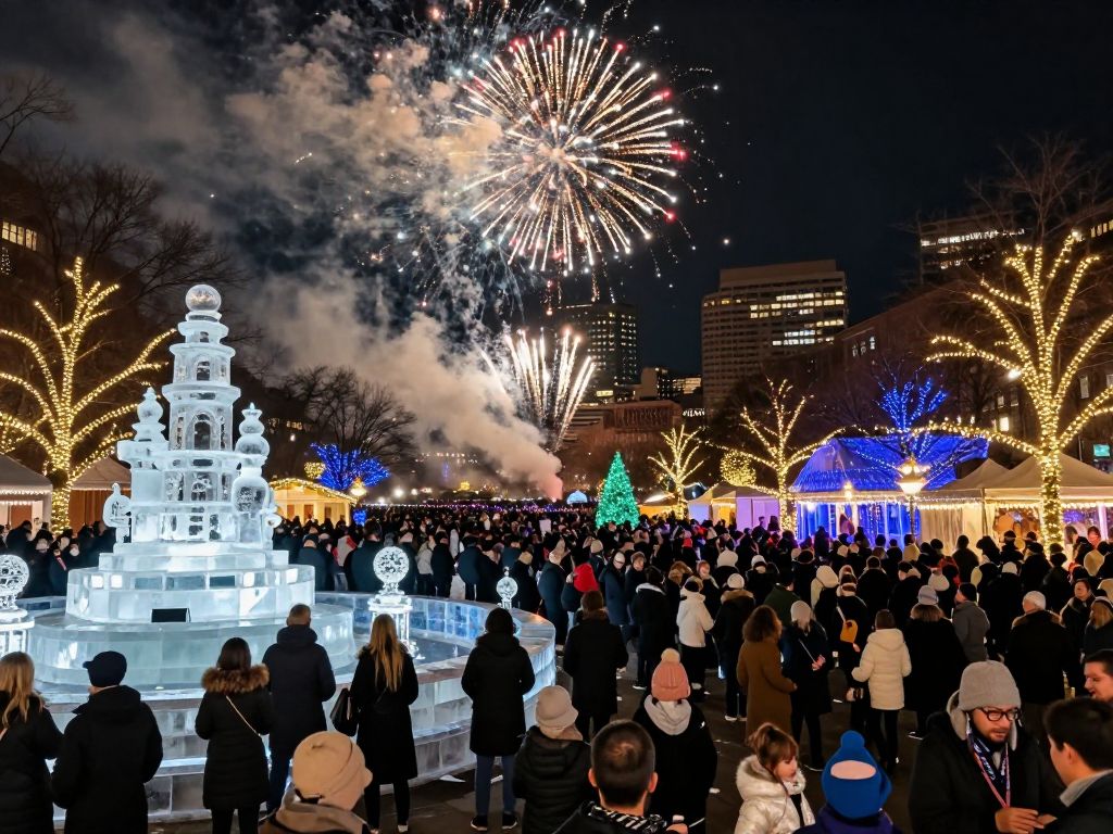 Crowd celebrating New Year's Eve in Boston with fireworks and ice sculptures