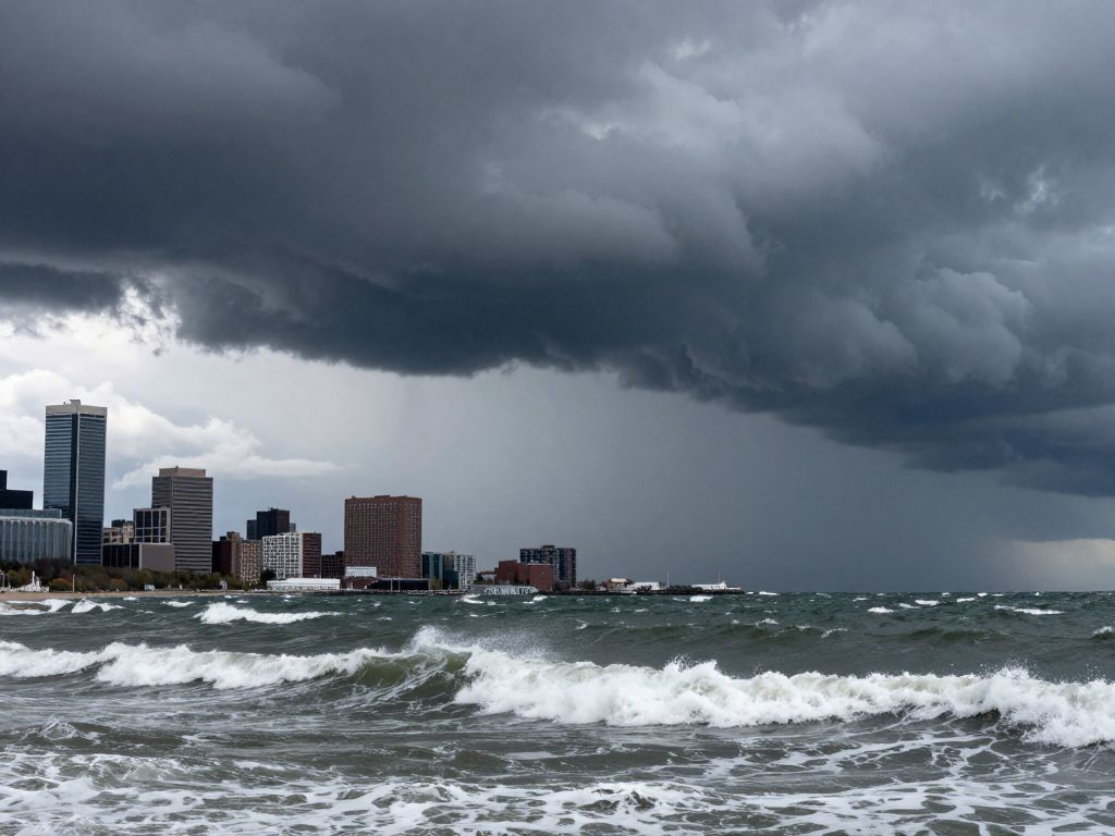Dark storm clouds over Boston coastline with turbulent waters