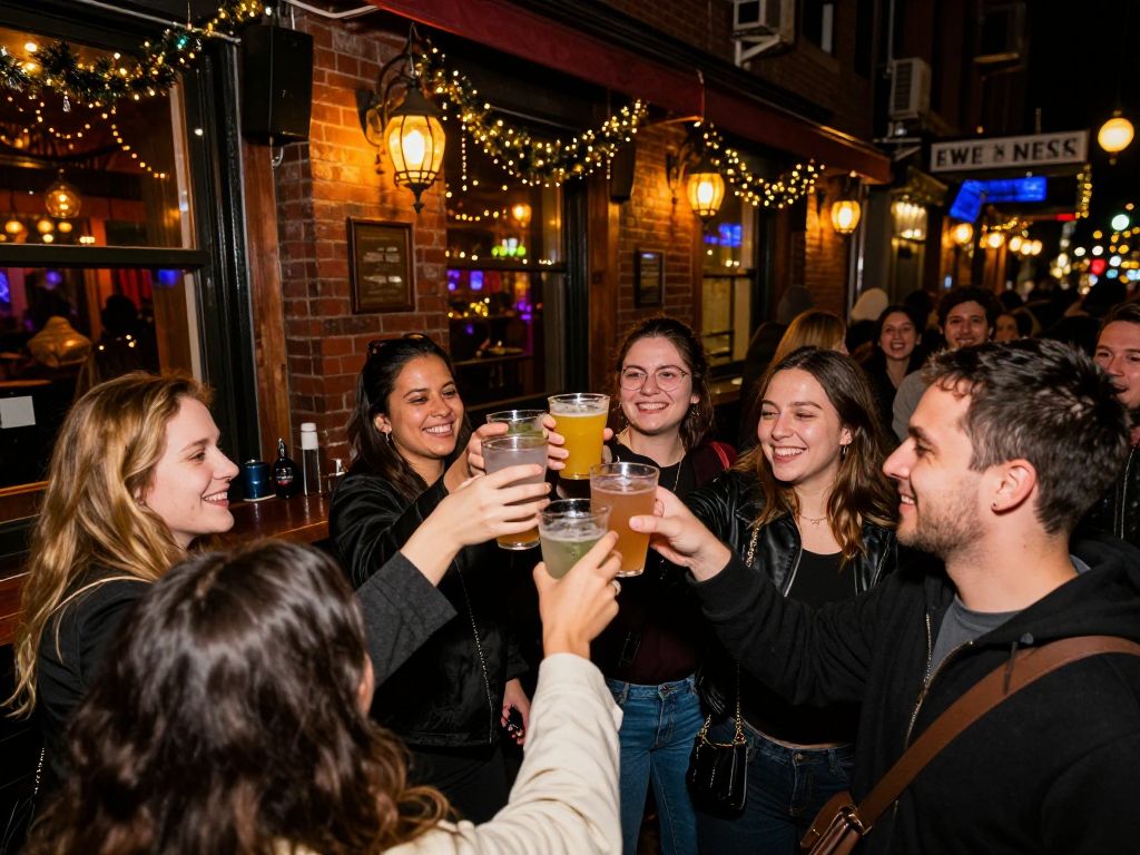 Groups celebrating during the Boston NYE Bar Crawl.