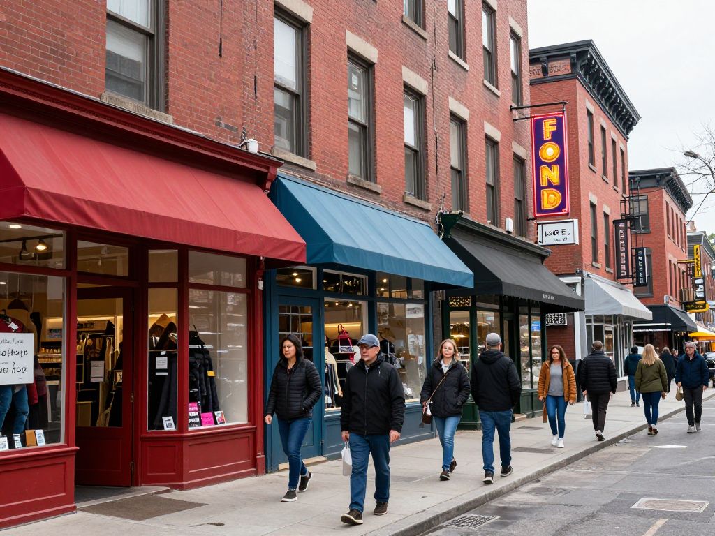 Bustling Boston street with unique small business storefronts.