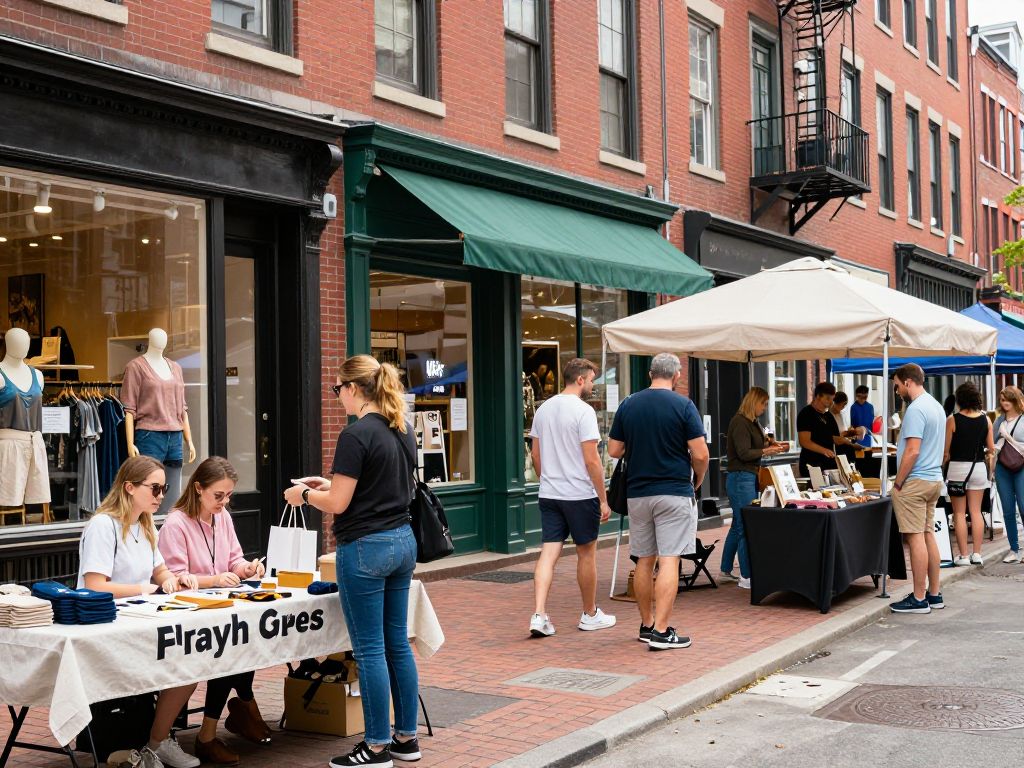 A dynamic street scene in Boston featuring local retail shops and community interactions.