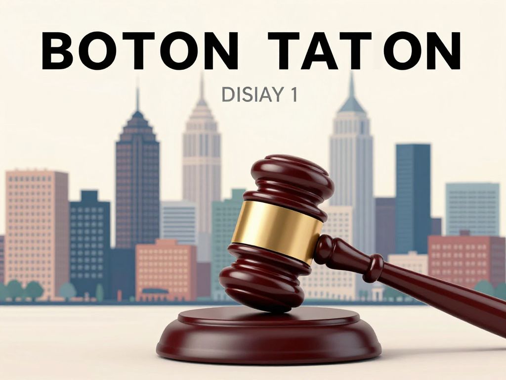 Illustration of a gavel striking a city skyline representing a tax lawsuit in Boston
