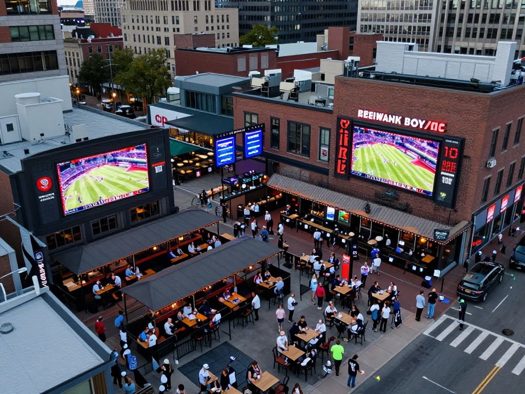 Aerial view of Boston sports bars filled with patrons watching a game
