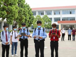 Students on a secure university campus with surveillance technology