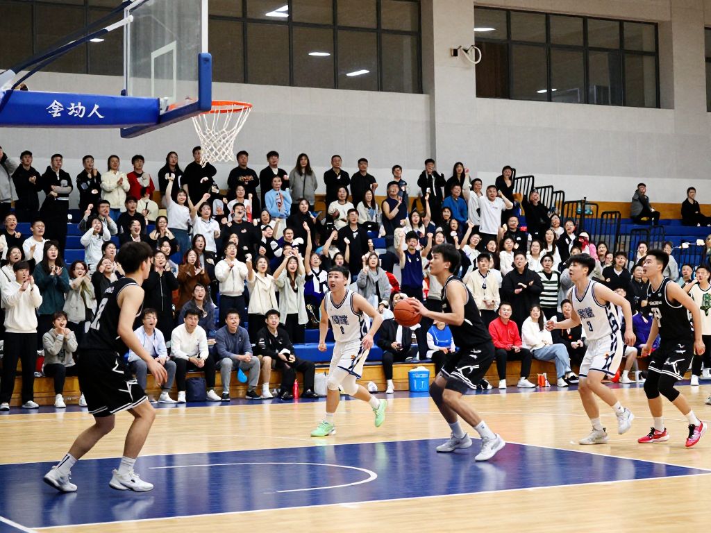 Boston University basketball team playing against UMass Lowell in a gym.