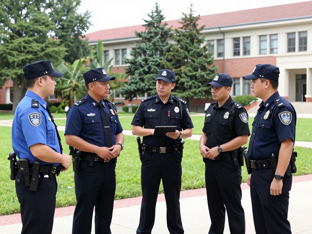 Law enforcement and campus security collaborating on a university campus