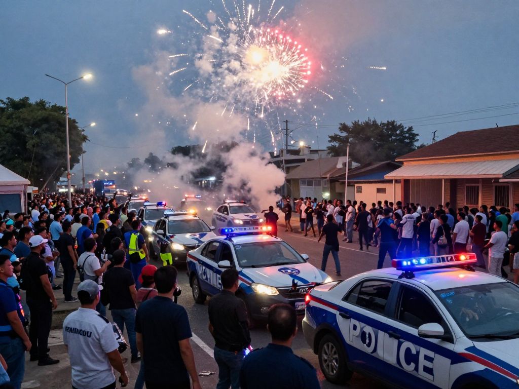 Crowd gathering around police cars during a vehicle takeover event in Boston