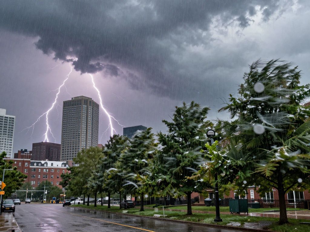 Diverse weather conditions in Boston with rain, snow, and thunderstorms.