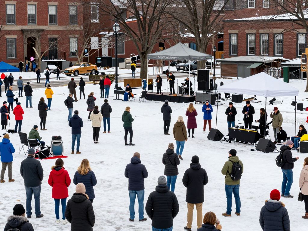People engaging in winter activities in Boston, including a concert and fishing.