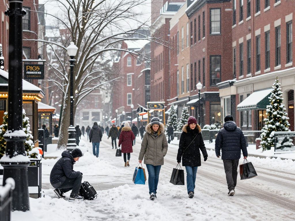 Snow-covered Boston street during Christmas preparations