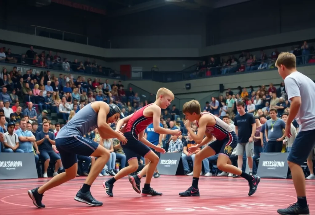 Young wrestlers competing at the George Bossi Lowell Holiday Tournament.