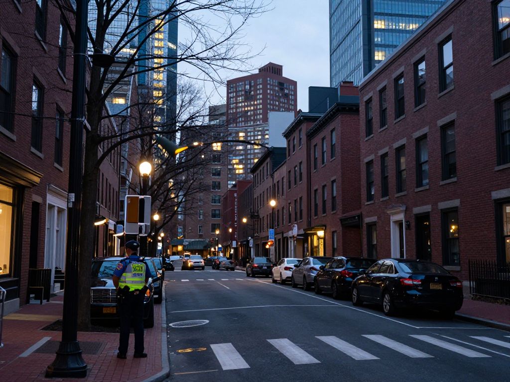 Peaceful street scene in Boston illustrating community vigilance