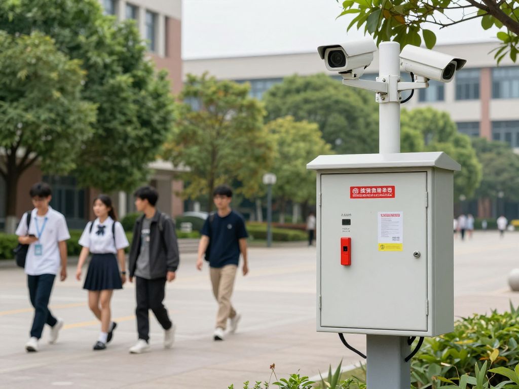 Students on a well-monitored college campus emphasizing safety and security protocols.