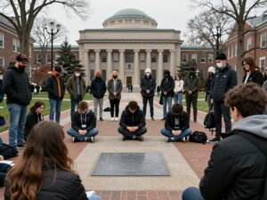 Students at Brown University gathering for a memorial after the shooting.