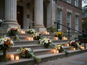 Candles and flowers at a memorial for victims of the Brown University shooting