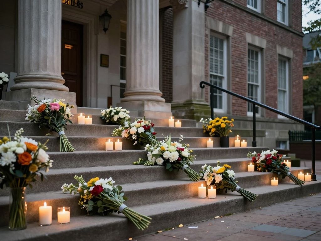 Candles and flowers at a memorial for victims of the Brown University shooting