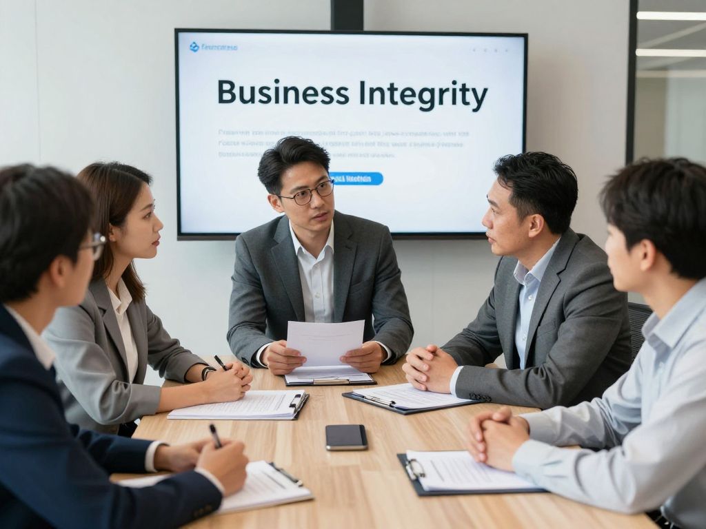 Entrepreneurs discussing compliance in a modern office environment