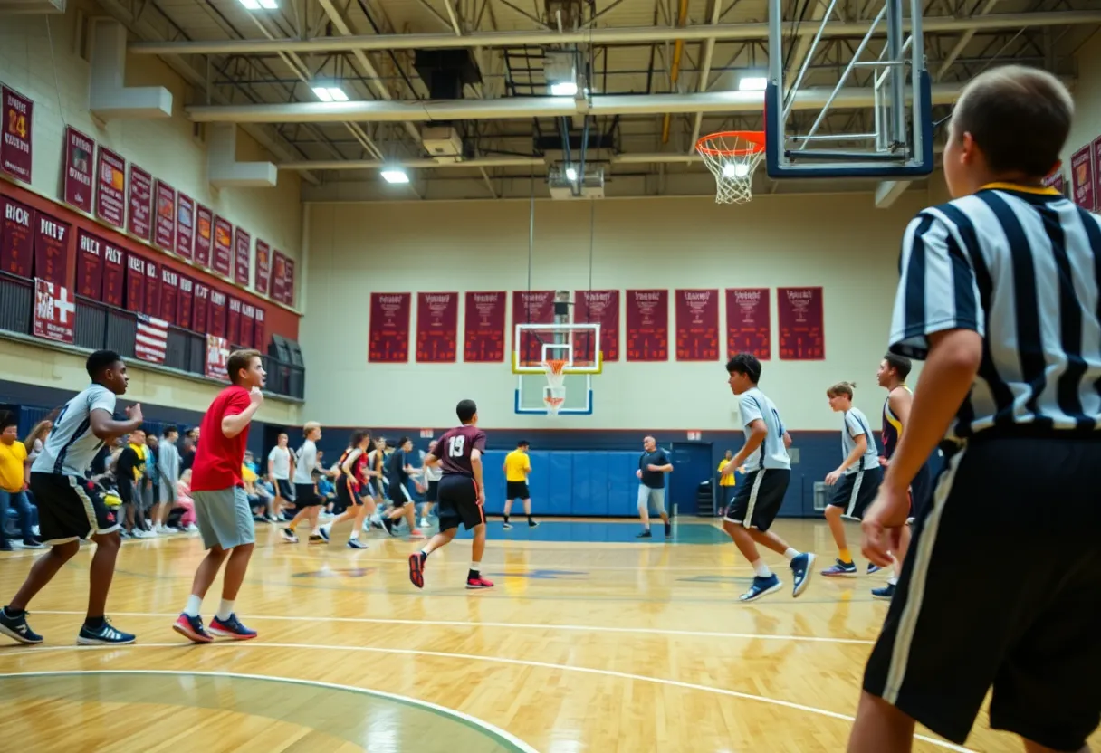 Exciting moment in a high school basketball game with players competing fiercely.