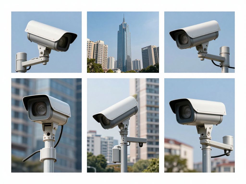 A city landscape highlighting surveillance cameras and data privacy concerns.