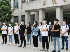 Students discussing safety on a university campus