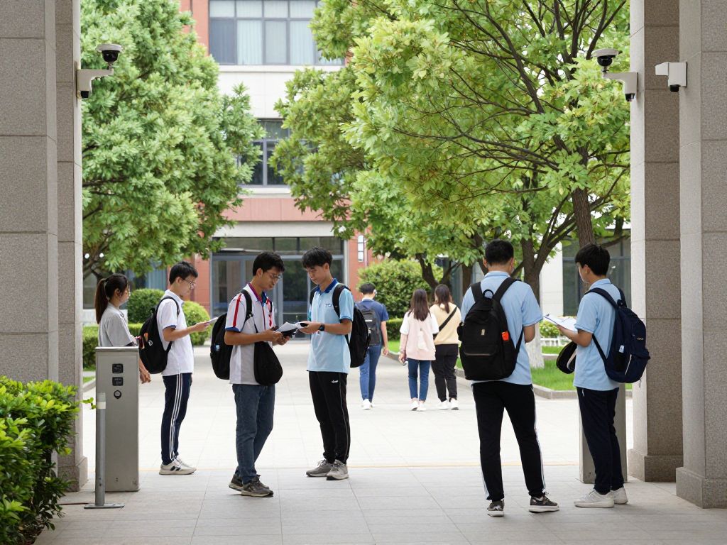 Students on a college campus with visible security features.