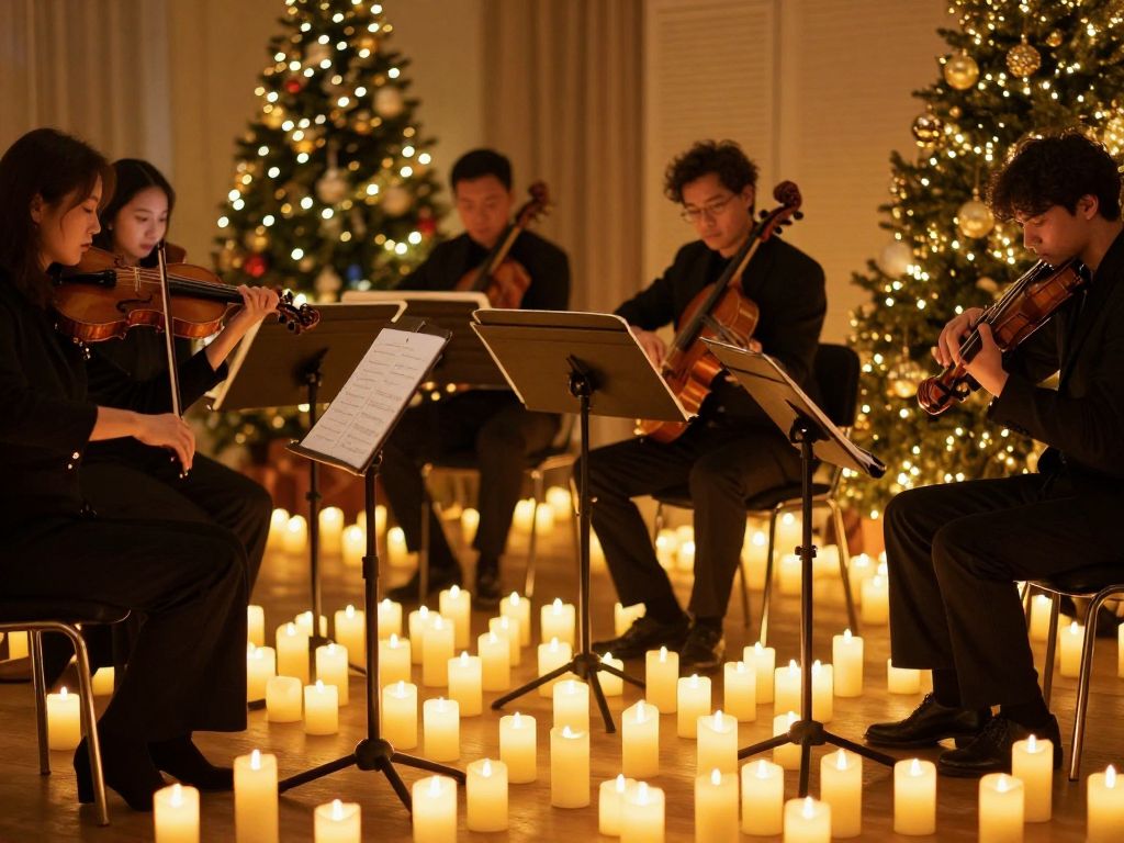 Musicians performing in a candlelit setting during the Candlelight Christmas Special in Boston.