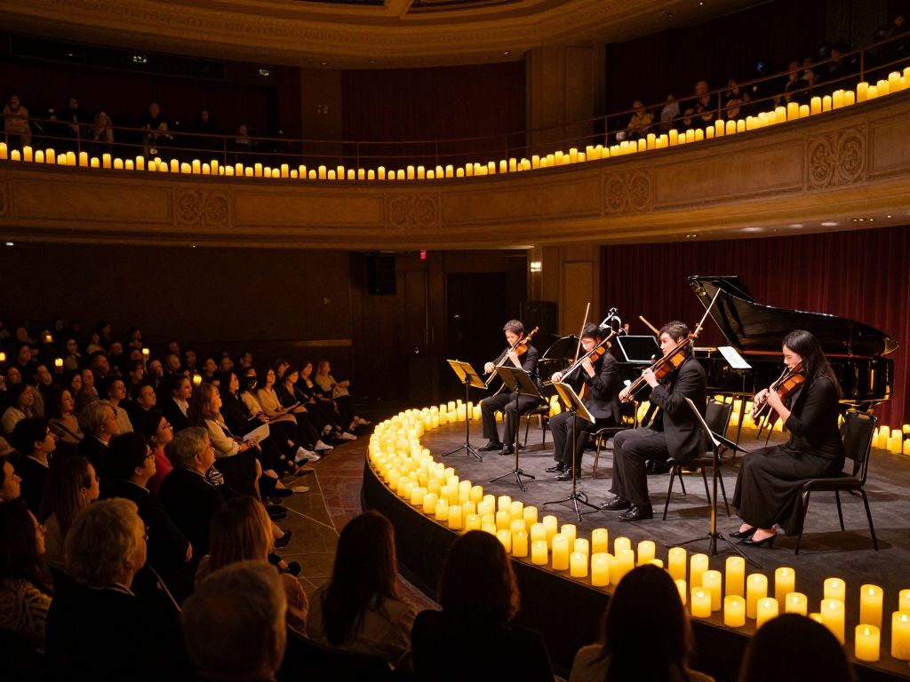 A string quartet performing in a candlelit venue during a Candlelight Concert in Boston.