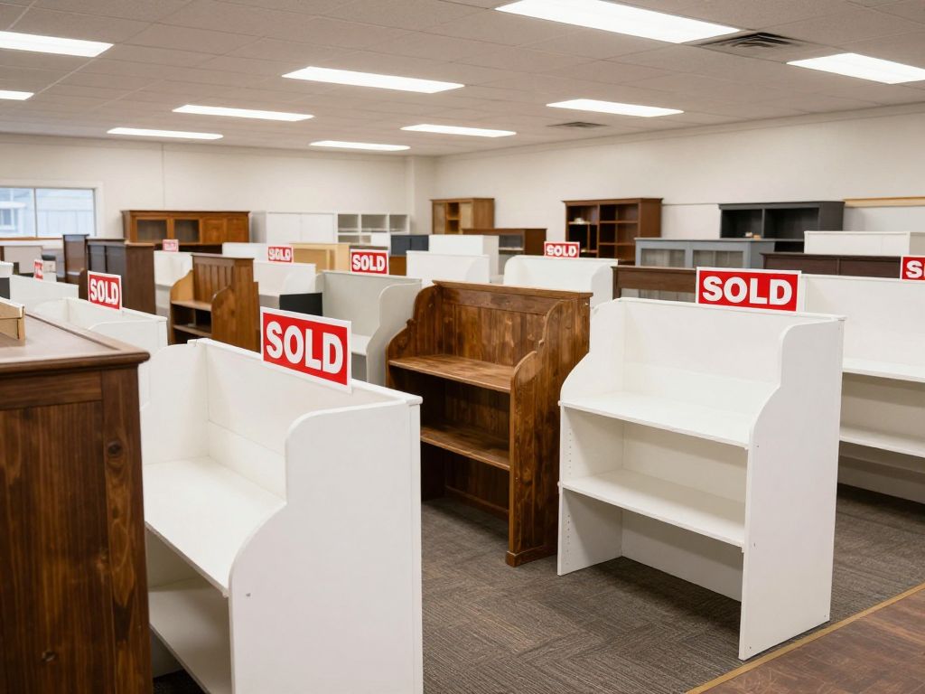 Empty furniture store showcasing closure signs