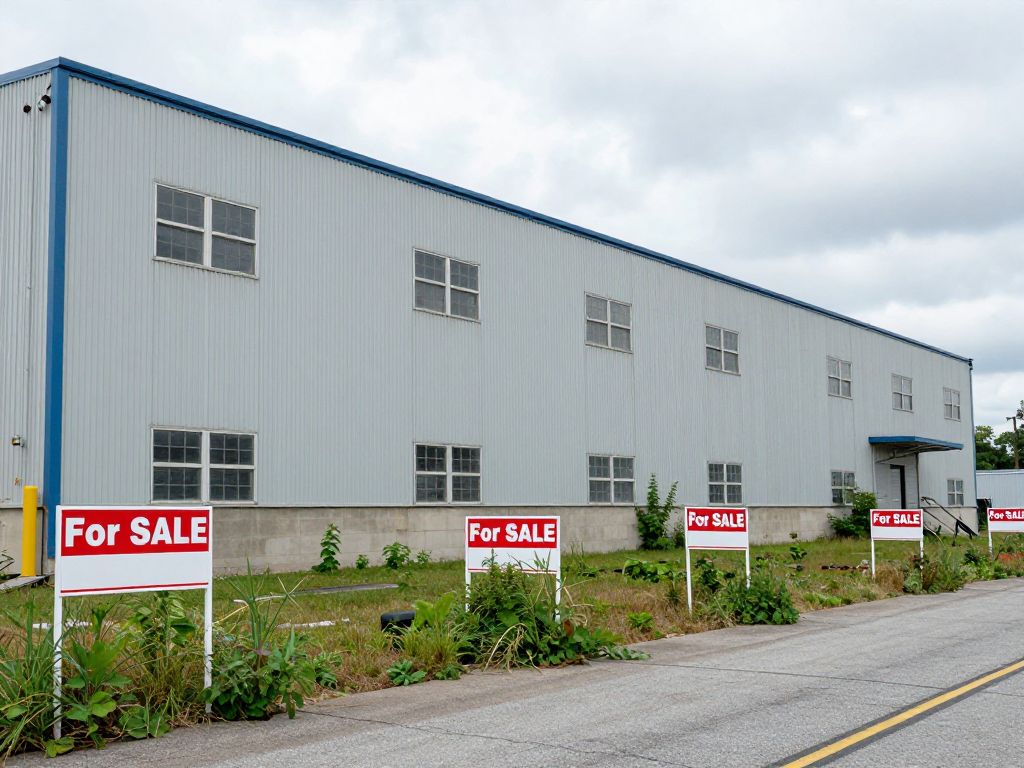 Imagery of a closed manufacturing facility in Massachusetts with signs indicating closure