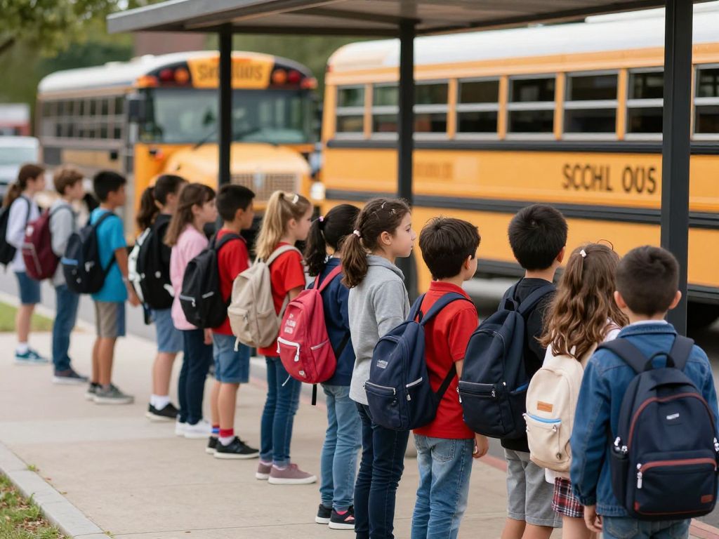 Children gathering at a bus stop, representing community vigilance and safety.