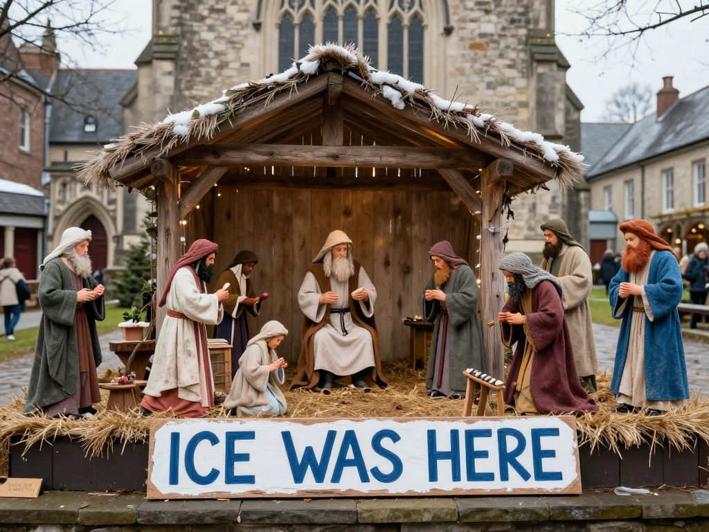 Nativity scene at St. Susanna Parish in Dedham featuring striking protest sign.