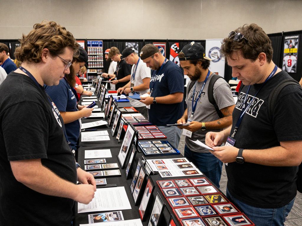 Interactive sports card show in Dedham with various collectibles.