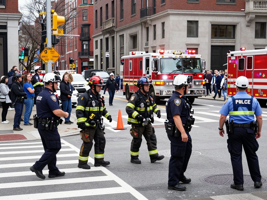 Law enforcement and emergency responders at a bustling Downtown Crossing scene in Boston.