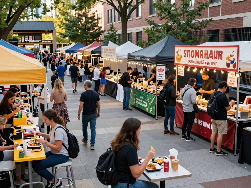 A bustling food hall in Kendall Square featuring various food stalls and people dining.