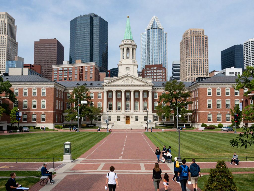 Representation of college closures affecting local business and economy in Boston.