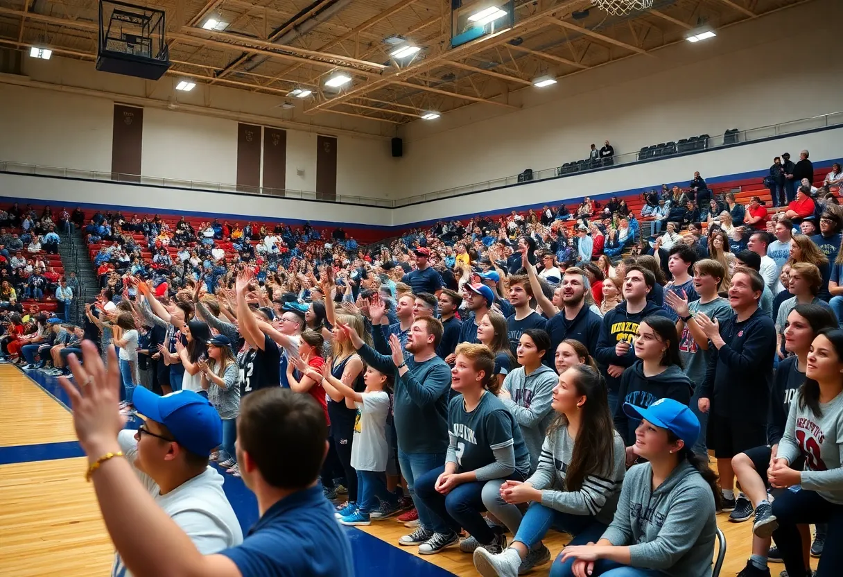 Crowd cheering in a basketball gym during a holiday tournament